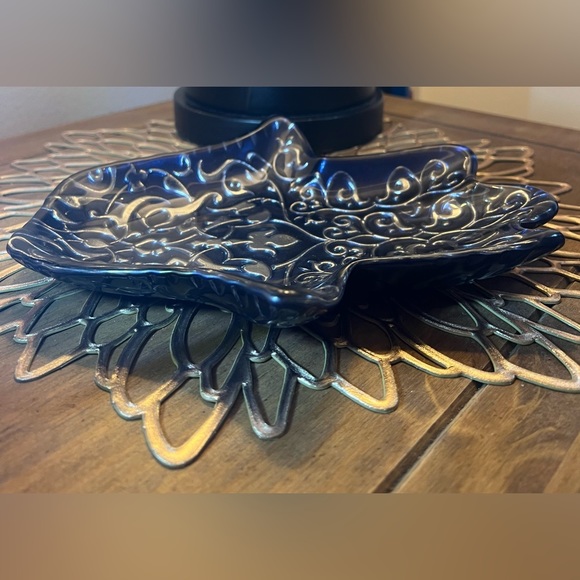 Hamsa Turkish Hand Shaped Blue Gold Ornate Glass Dish Scroll Work Decor Dish - Picture 5 of 5